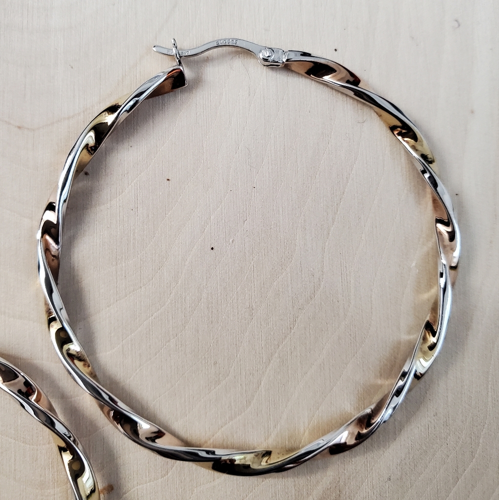 Sterling Silver 925 Two Tone Twisted Hoop Earrings - Picture 7 of 9